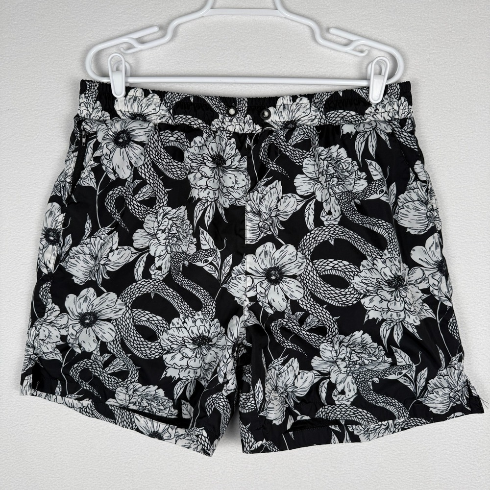 Maison Article Mens XL Snake Floral AOP Swim Shorts Black White Mesh Lined